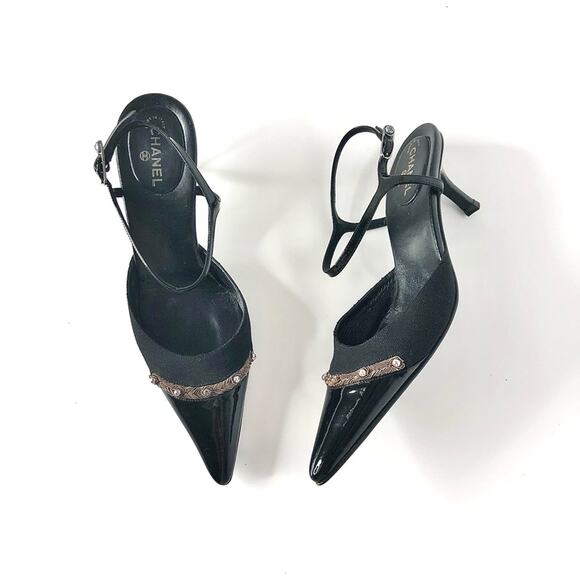 Vintage Chanel CC Logo Patent Cap Toe Pointed Toe Black Pumps 37 - Picture 1 of 9